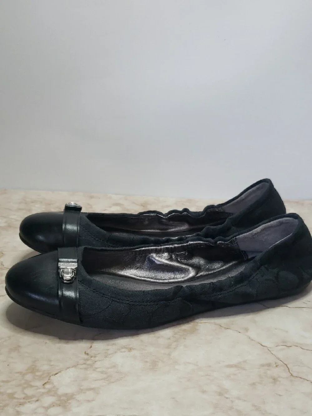Coach Black Leather Cap-Toe Ballet Flats Monogranb Women's Size 10